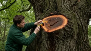 A man inspecting a tree for visible signs that it may be dying