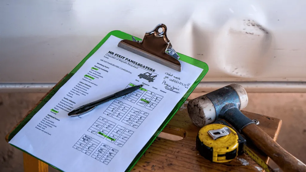 A clipboard with a pen and a hammer on a table, symbolizing tools used during an arborist consultation