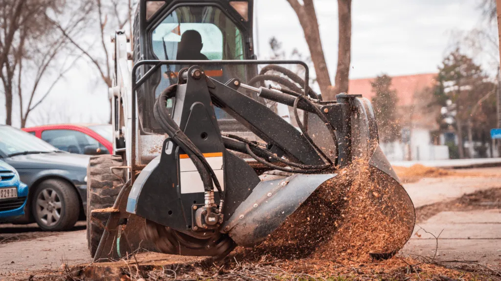A stump grinding machine with a bucket on the ground, ready for tree stump grinding services