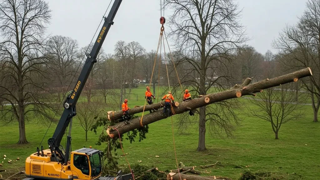 A group of people in a yard with a large tree, preparing for tree removal service in Jackson.