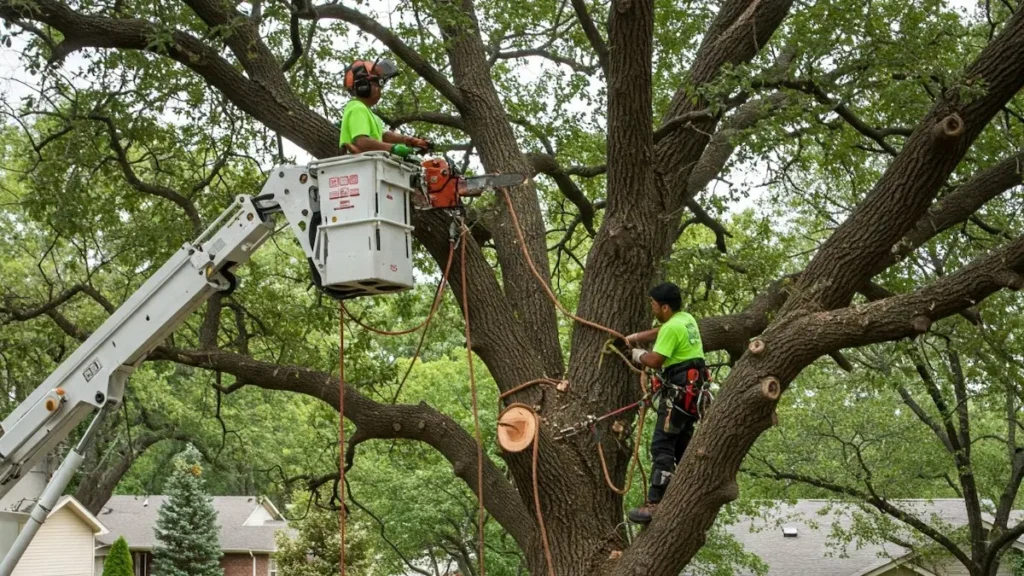 A tree service team in Erie, PA, using a crane to cut down a tree safely