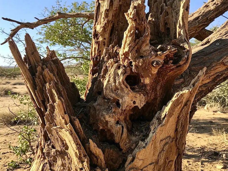 A decayed tree with visible rot and damaged bark, indicating structural weakness