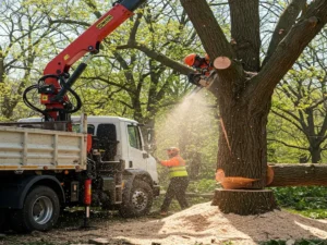A group of men working together on a tree removal project