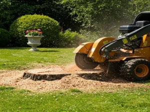 Heavy machinery removing a tree stump as part of a professional stump removal service