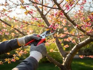 A person pruning a tree with scissors to maintain its shape and promote healthy growth