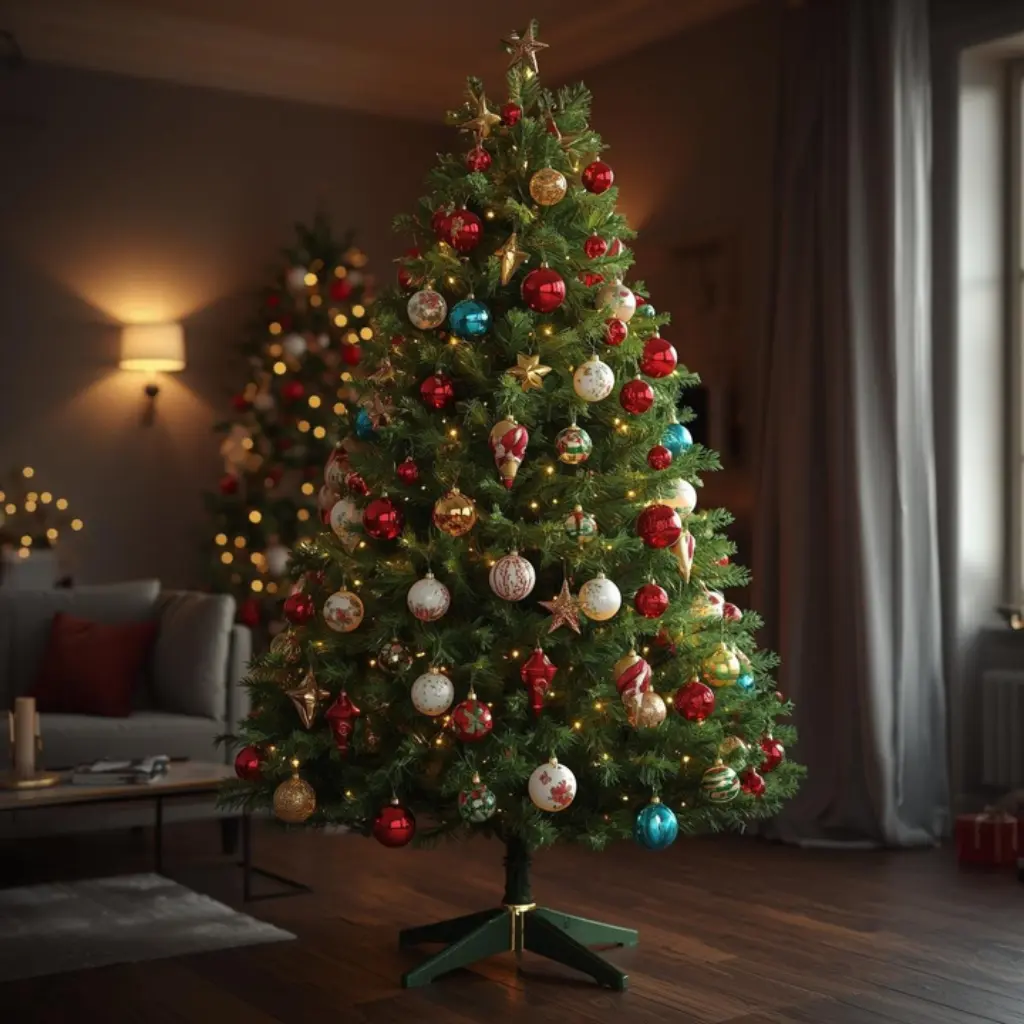 Side-by-side comparison of real and fake Christmas trees highlighting sustainability, cost, and convenience differences.
