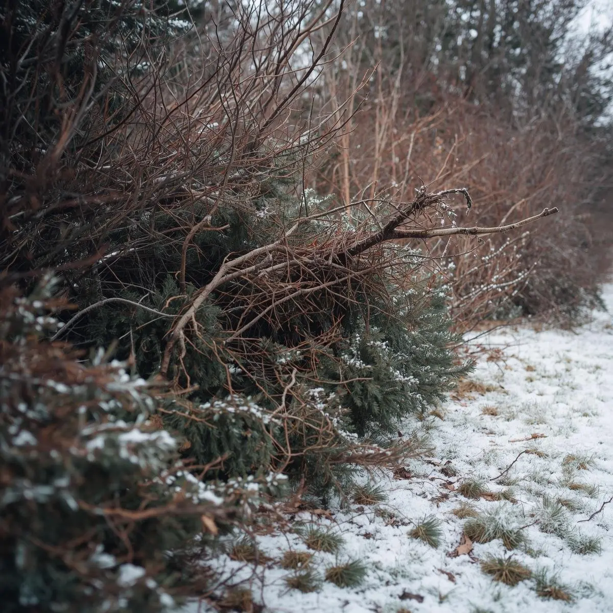 Garden evergreens receiving maintenance before winter weather