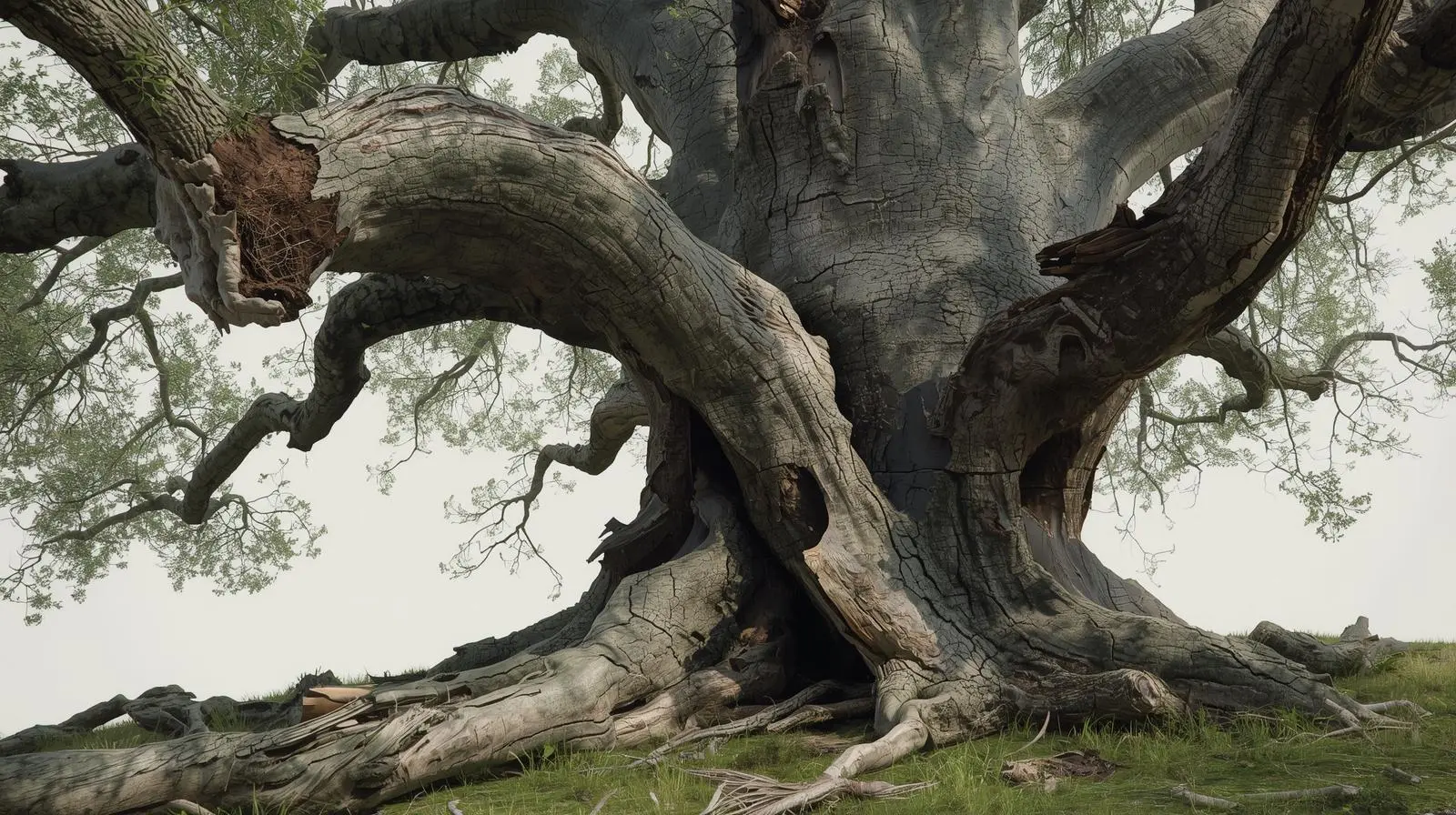 Close-up of broken tree branches showing potential hazards in OKC