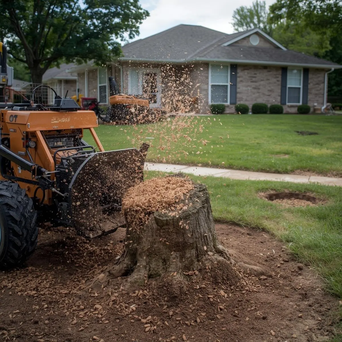 Homeowner using stump grinding services in OKC for safe yard care.