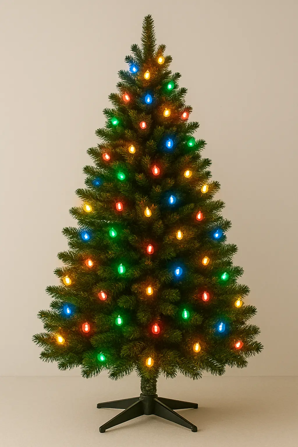 Artificial pre-lit Christmas tree with colorful bulbs, offering a reusable and hassle-free holiday decorating option