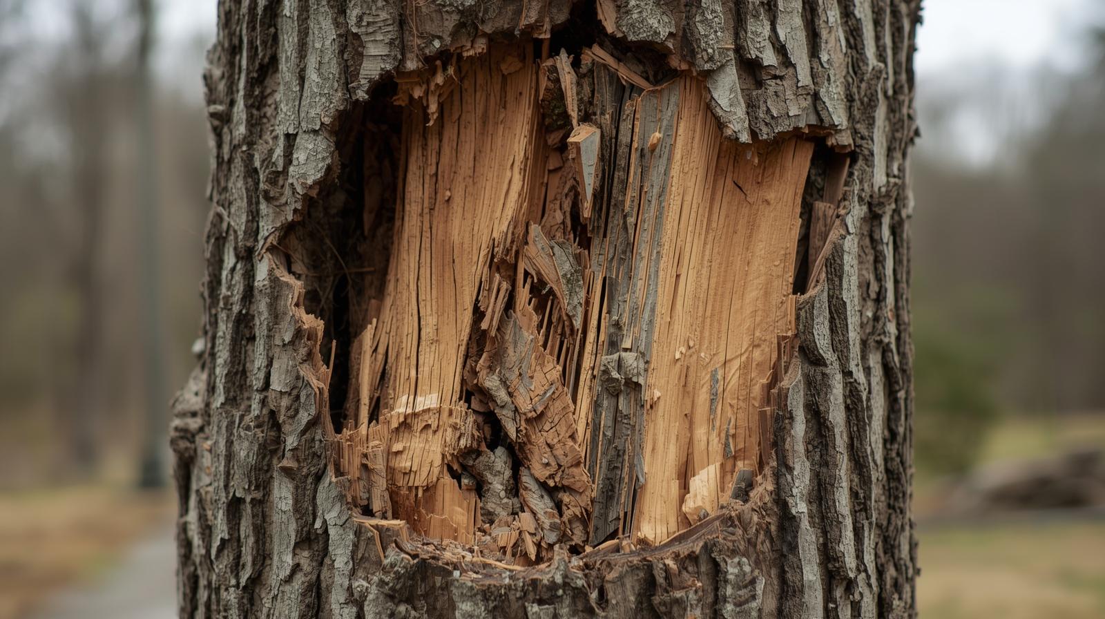 Storm-damaged tree leaning near a home in Oklahoma City