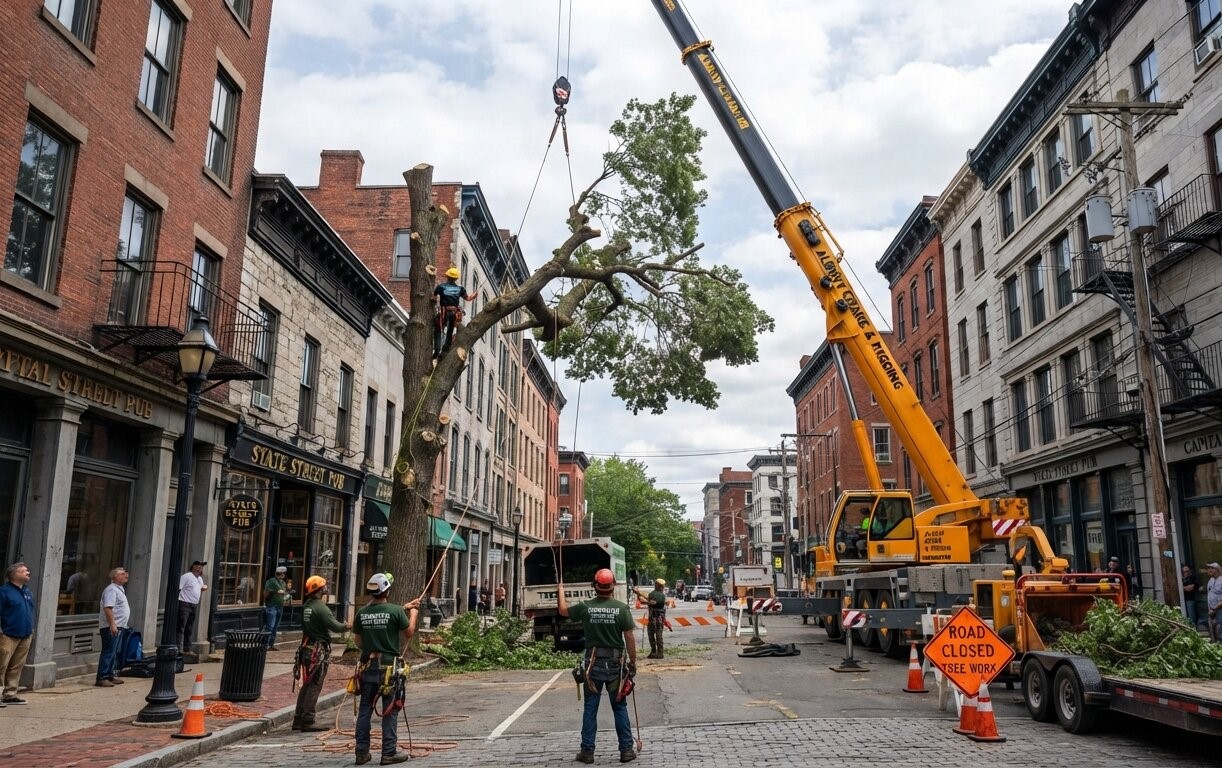 Crane Assisted Tight Space Tree Removal on State St, Downtown Albany