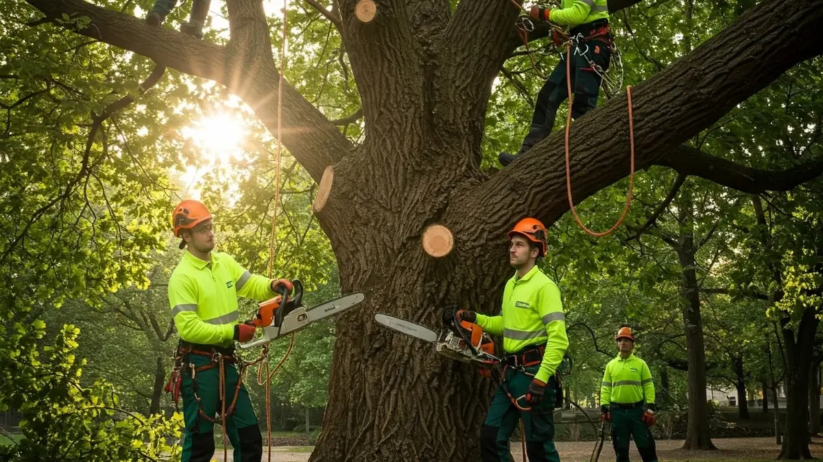 Tree service team in Fairview using chainsaws while working in a tree